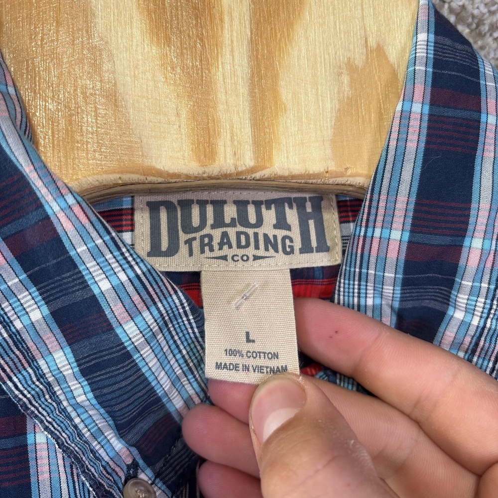 Duluth Trading Co Mens Large Red Blue Plaid Short Sleeve Button Down Shirt - Picture 3 of 6